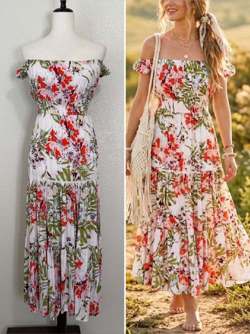 Abel the Label Off-the-Shoulder Floral Boho Flowy Tiered Maxi Dress, Sz Small